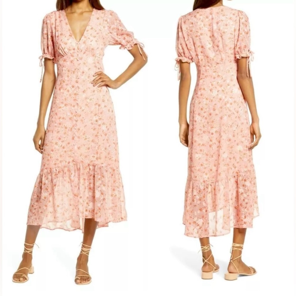 Chelsea 28 Prairie Coral Floral Tie Sleeve Ruffle Hem Midi Dress Size L(12/14)⭐️ - Picture 3 of 15